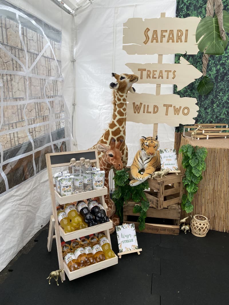 Dřevěný rozcestník s gravírovanými cedulemi „Safari“, „Treats“ a „Wild Two“ uprostřed dekorace večírku